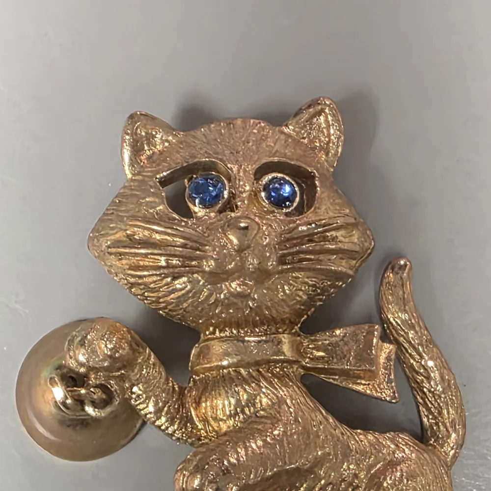 Gold Cat Brooch with Blue Accents